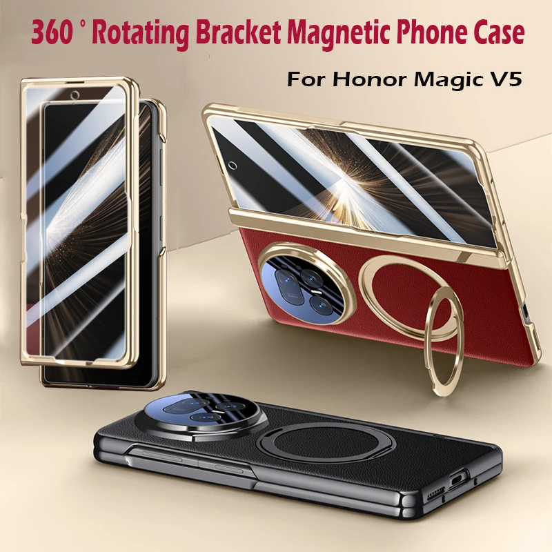 

360 ° Вращающийся магнитный держатель для Honor Magic V5, защитная пленка для экрана Magsafe, роскошный противоударный чехол из искусственной кожи средней оси