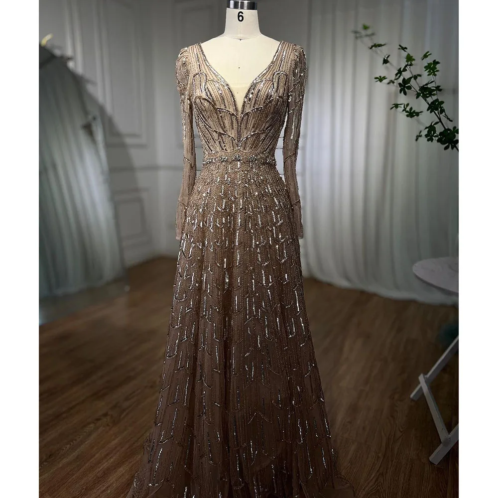 Serene Hill Muslim Designer Luxury Caramel A Line V Neck Beaded Evening Dress Gowns Women Wedding Party Customized 2025 GLA71940