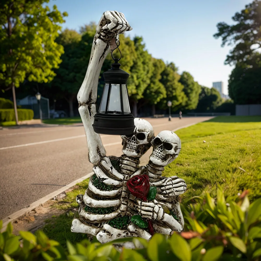 Halloween Solar Death Skull Figurine with Lantern Scary Skull Ornament Waterproof Rose Skeleton Sculpture Halloween Decoration