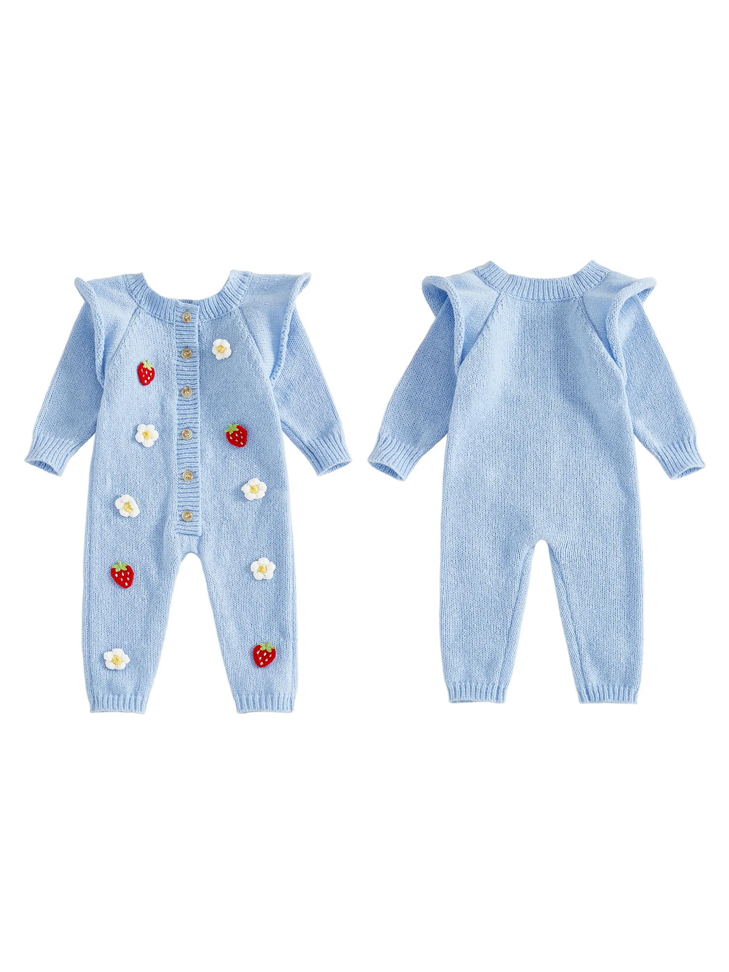 بدلة قفز محبوكة بأكمام طويلة ورقبة دائرية وأزرار سفلية مع ديكور زهرة الفراولة الكروشيه