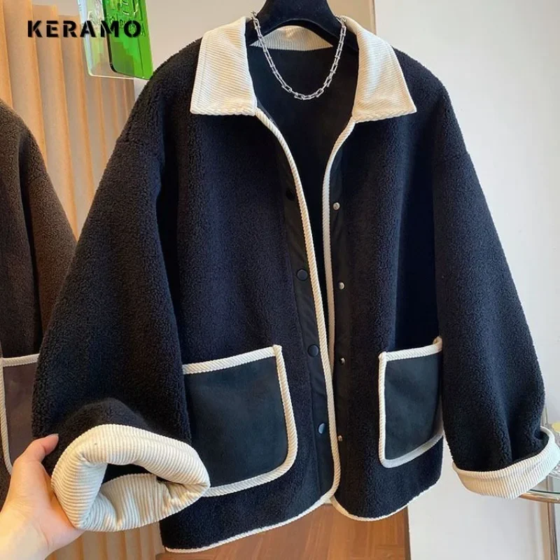 2024 Winter Vintage Style Single Breasted Pocket Loose Jacket For Women Patchwork Fashion Turn Down Collar Corduray Coat