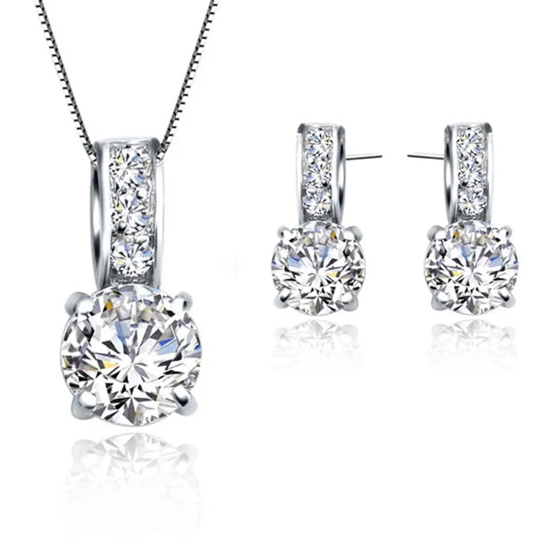 Silver Color Bridal Jewelry Set Classic Cubic Zircon Crystal Pendant  Necklace Stud Earrings for Women Girls Gift