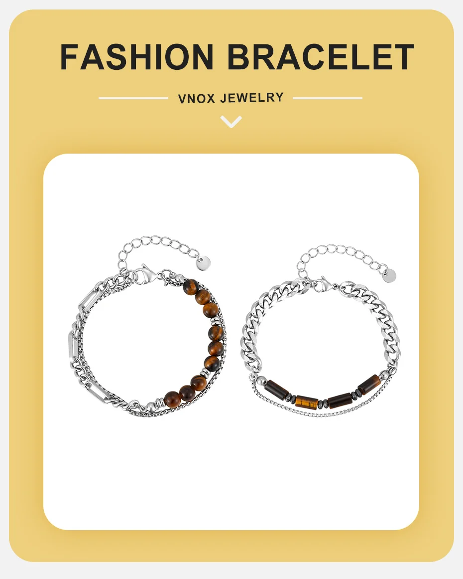 Vnox Herren Tigerauge-Perlen Kubanische Kette Armbänder, Edelstahl Gliederarmband Steinschmuck Geschenk für Vater Papa Ehemann Sohn Ihn – Detail 1