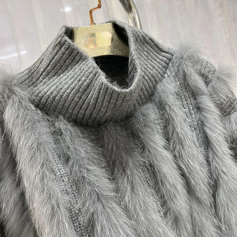 2023Autumn Spring Short Sweater Women Coat Fashion Real Fox Fur Knitted Sweater Real Fur Loose Full Sleeves Female Coats