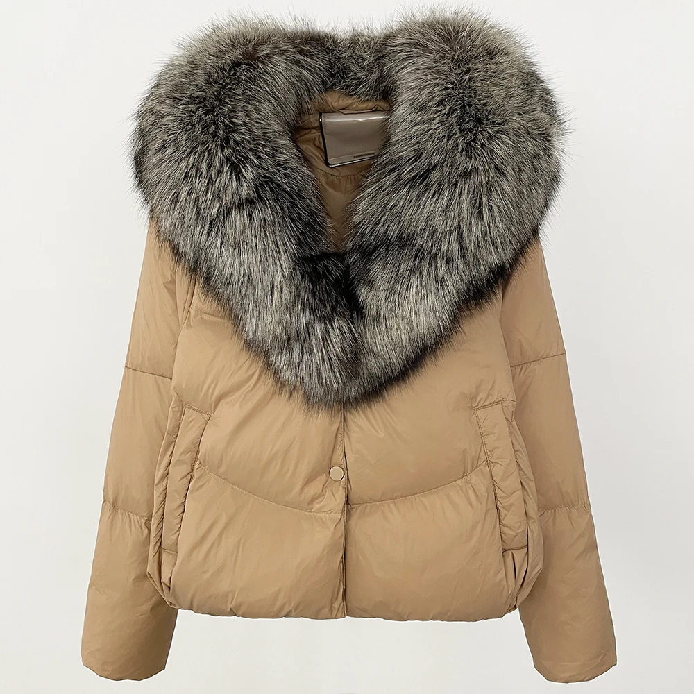 MENINA Autumn Winter New Silver Fox Fur Detachable Fur Collar Splicing Down Jacket Women Thickened Warm Coat 90% White Duck Down