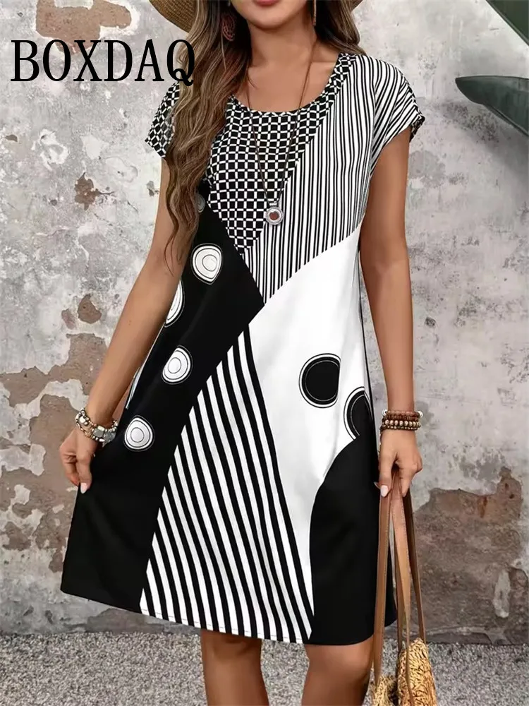 2026 Mode Zomerjurken Dames Casual Abstract Bloemenprint Jurk Casual Korte Mouw Losse A-lijn Jurk Y2k Dameskleding