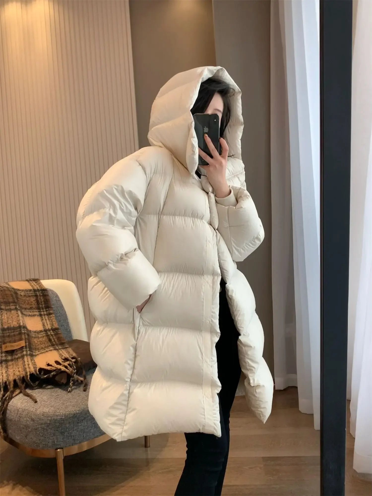 White Duck Down Hooded Jacket for Women, Fluffy Warm Coat, Thick Puffer Jacket, New Fashion, Autumn and Winter, Cocoon, 90