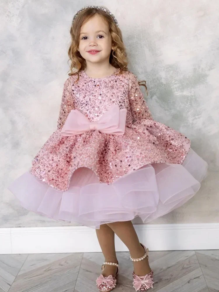 Vestido de lentejuelas para niña, vestido de pastel con lazo grande para bebé, vestido de princesa para niños, nuevo