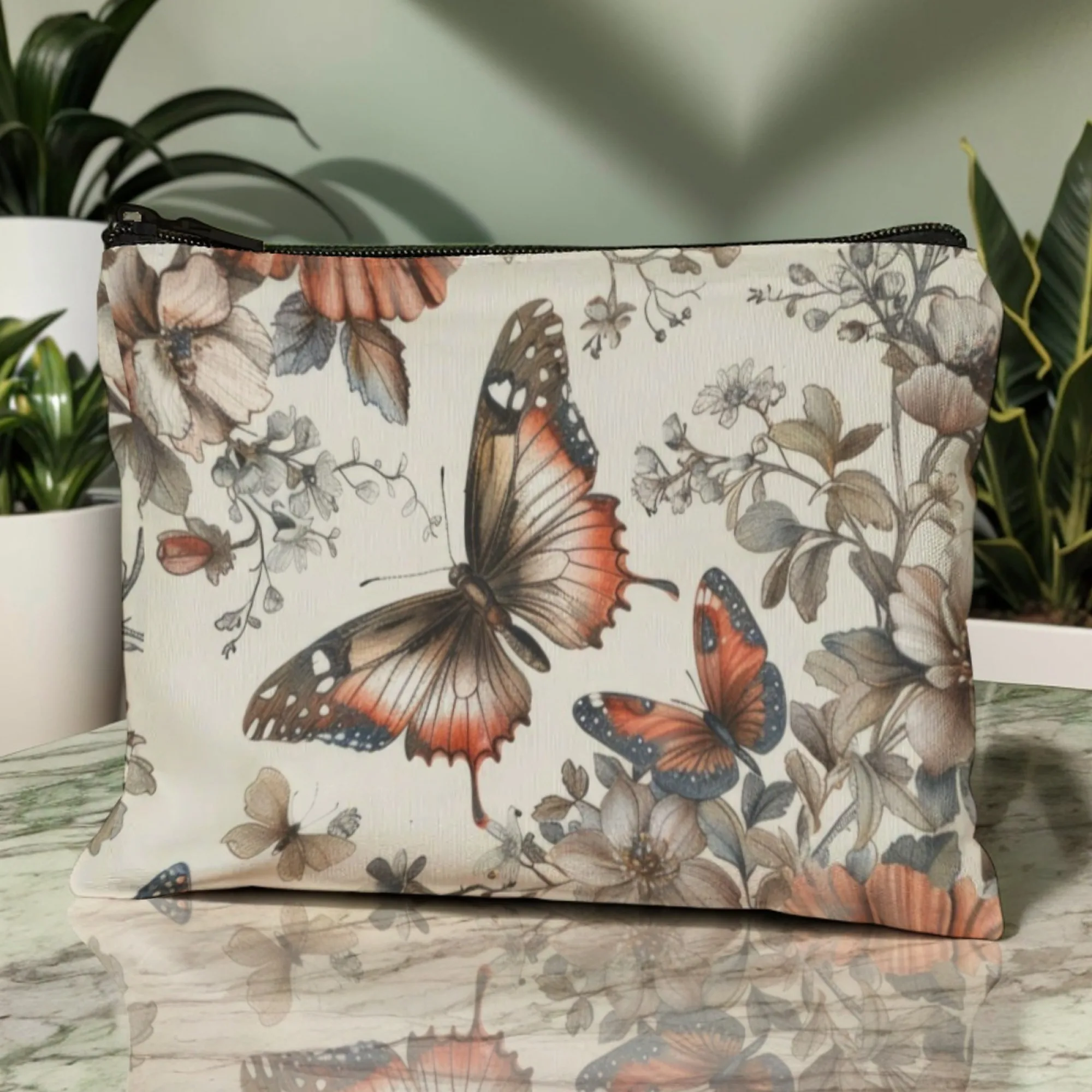 French Rural Inspire Butterflies & Flowers Vintage Cosmetic Bag Nature-inspired Design for Antique Market Trips Daily Elegance
