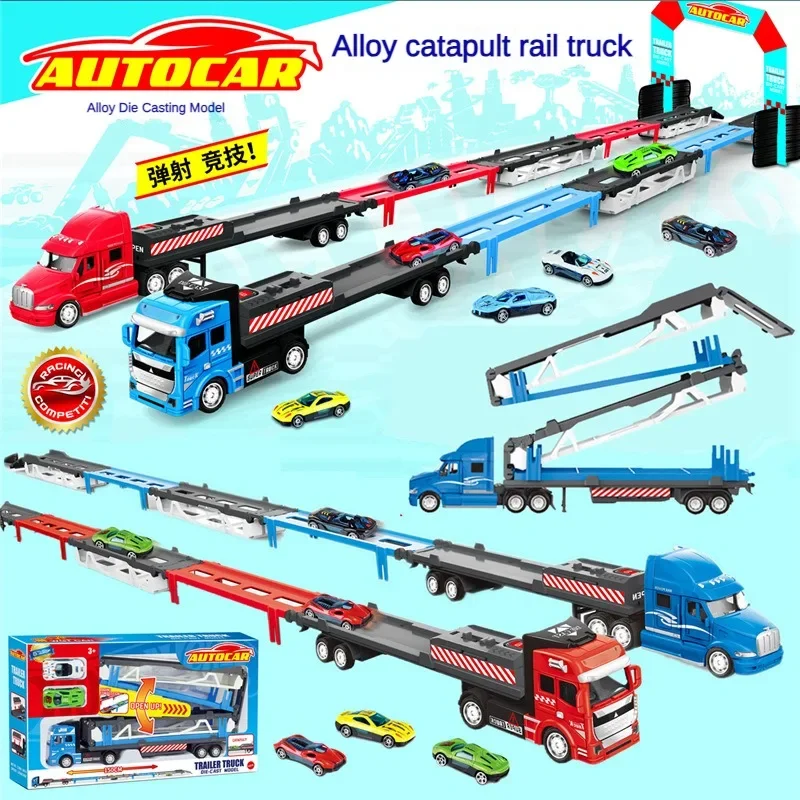 150CM alloy ejection deformation transport large truck model racing track with 2 alloy trolleys truck model toy