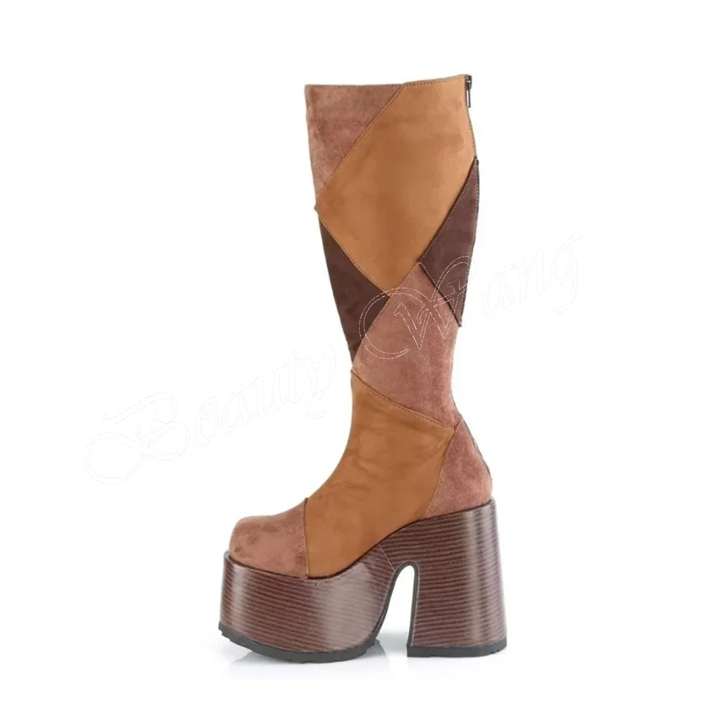 

Brown Mixed Color Punk Boots Wooden Heel Platform High Heel Shoes for Women High Heels Fashion 2023 New Zapatos Para Mujere