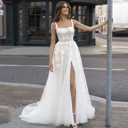 Tulle Long Wedding Dresses Spaghetti Strap Applique Ivory Wedding Bride Dress Sweep Train Dress For Wome 2025 Vestidos De Novia