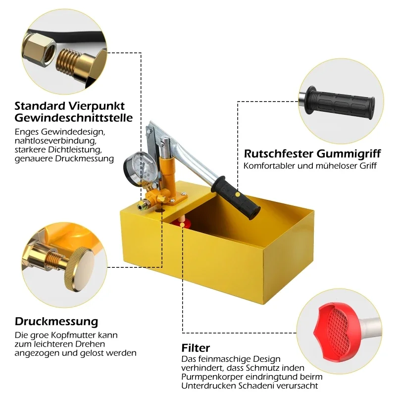 

Тестер давления воды, насос для проверки масла, насос для испытания под давлением 2,5 МПа со шлангом G1/2 дюйма, ручной гидравлический испытательный насос