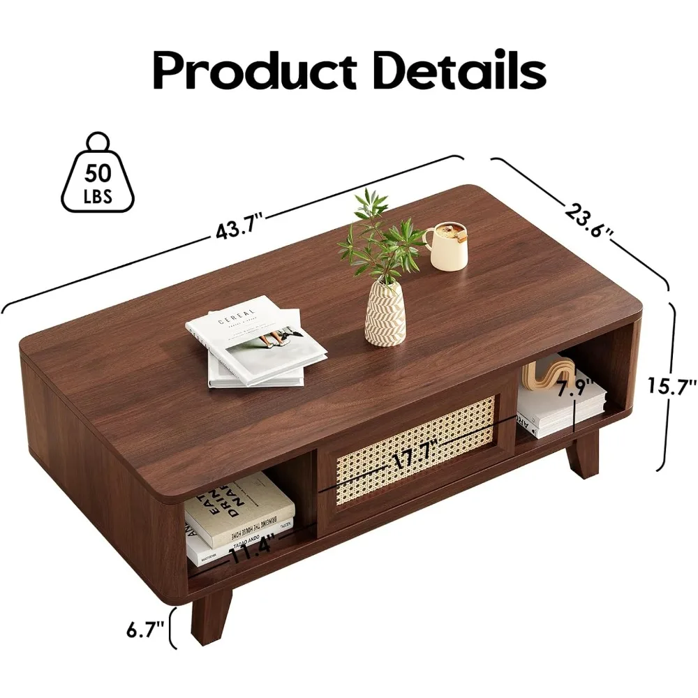 Coffee Table, Mid Century Living Room Tables with Storage, Modern Square with Rattan Drawer, Wooden Living Room Table with Solid
