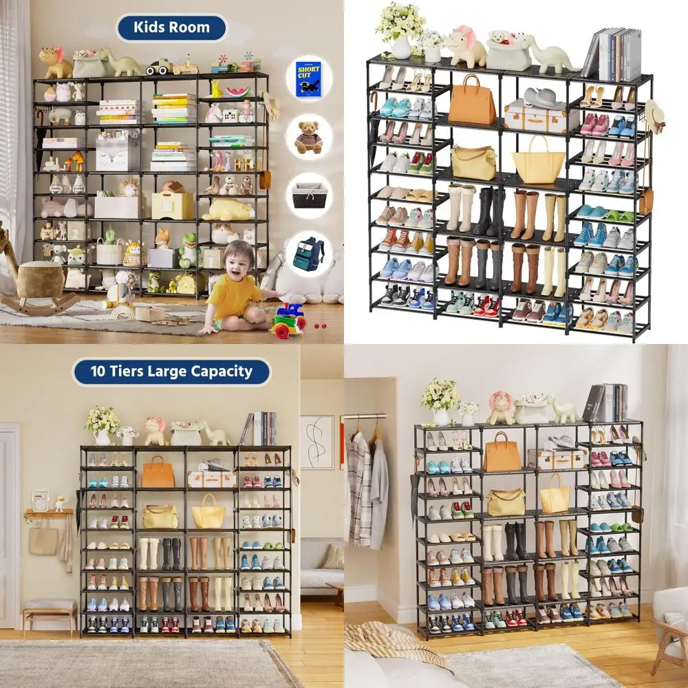 

10-уровневый сверхпрочный органайзер для обуви для прихожей, вместимость 72-80 пар, со съемными крючками, черный