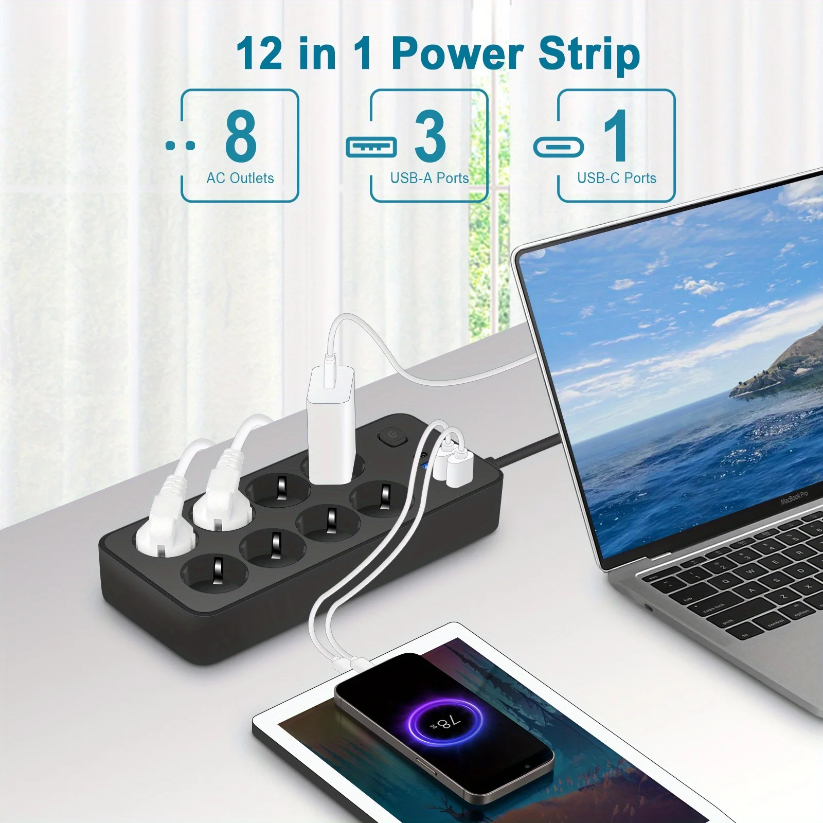 New Multifunctional Power Strip/Power Outlet/Power Strip, Equipped with 8 Power Outlets, 3 USB-A and 1 TYPE-C, for Home, Office