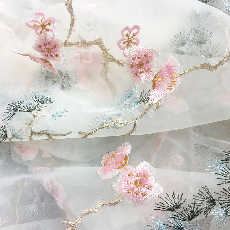 High Quality Organza Fabric Peach Blossom Pine Branch Embroidery Sewing women\'s Material Shirt Skirt children\'s Clothing Fabric