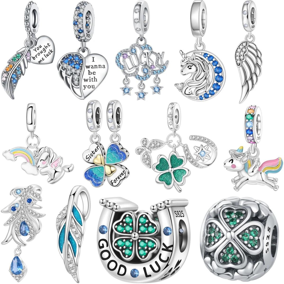 CYCUFF 925 Sterling Silber Glückssymbol Feder Anhänger Armband Halskette Charms Passend für Schmuck Party Original Perlen DIY Edles Geschenk