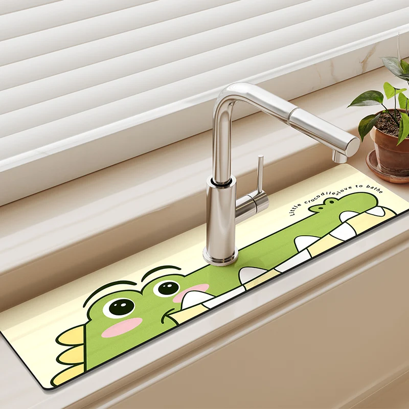 Anime Crocodile Sink Faucet Drain Pad Kitchen Mat Absorbent Quick Dry Countertop Protector Sink Splash Mat Catcher Drainage