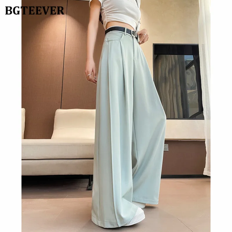 BGTEEVER Stylish High Waist Pockets Female Wide Leg Trousers Spring Summer Casual Loose Floor-Length Ladies Suit Pants