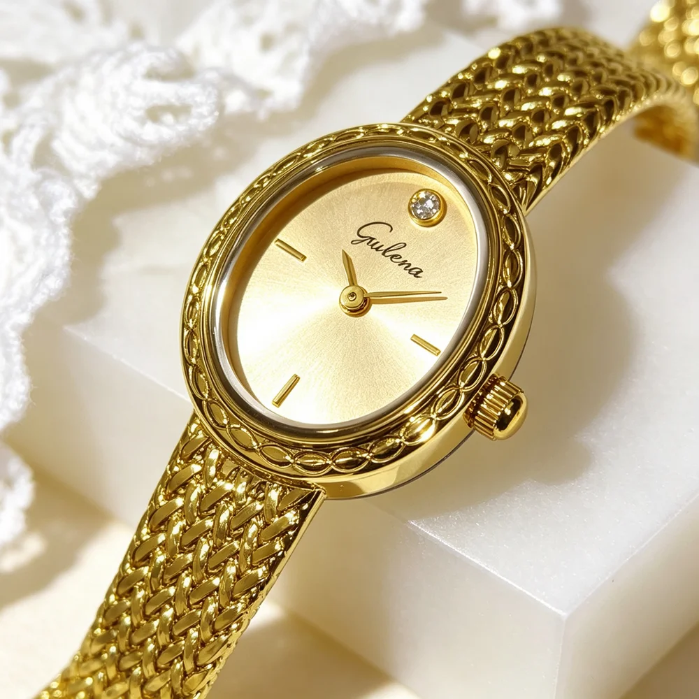 Oval Ladies Quartz Watch Vintage Crystal Dial Braided Metal Bracelet Elegant Women Wristwatch Gold Silver