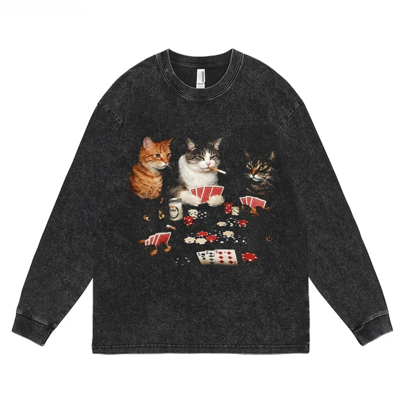 レトロウォッシュ加工長袖tシャツ-猫ポーカープリント-オーバーサイズ-ヘビーウェイト-トレンドブランド-秋服-ソフトで快適な純綿-ラウンドネック
