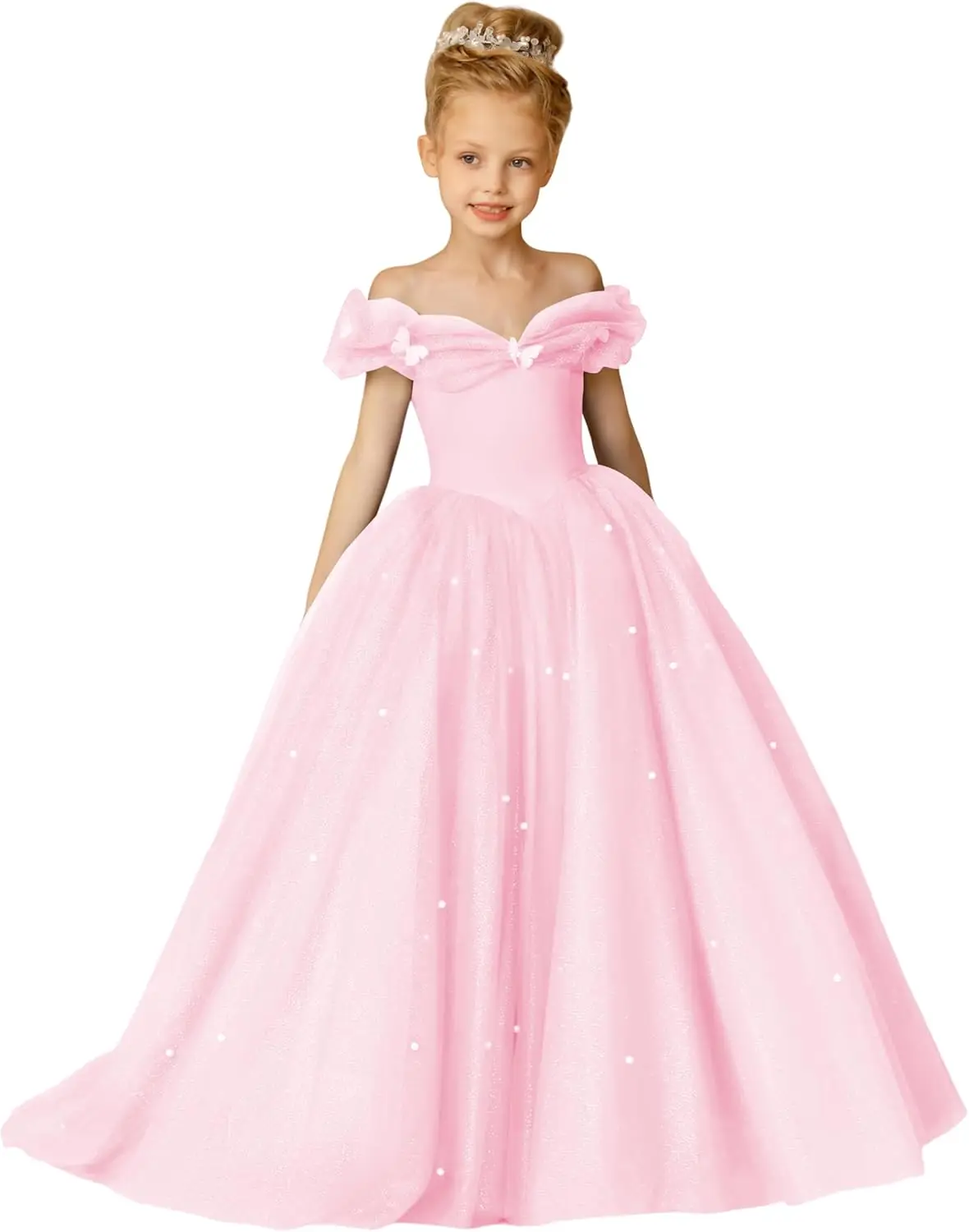 فستان أنيق بدون أكتاف لفتاة الزهور فستان من الشيفون المنفوش، فستان حفلة عيد الميلاد للأميرة، فستان سهرة لؤلؤي لامع