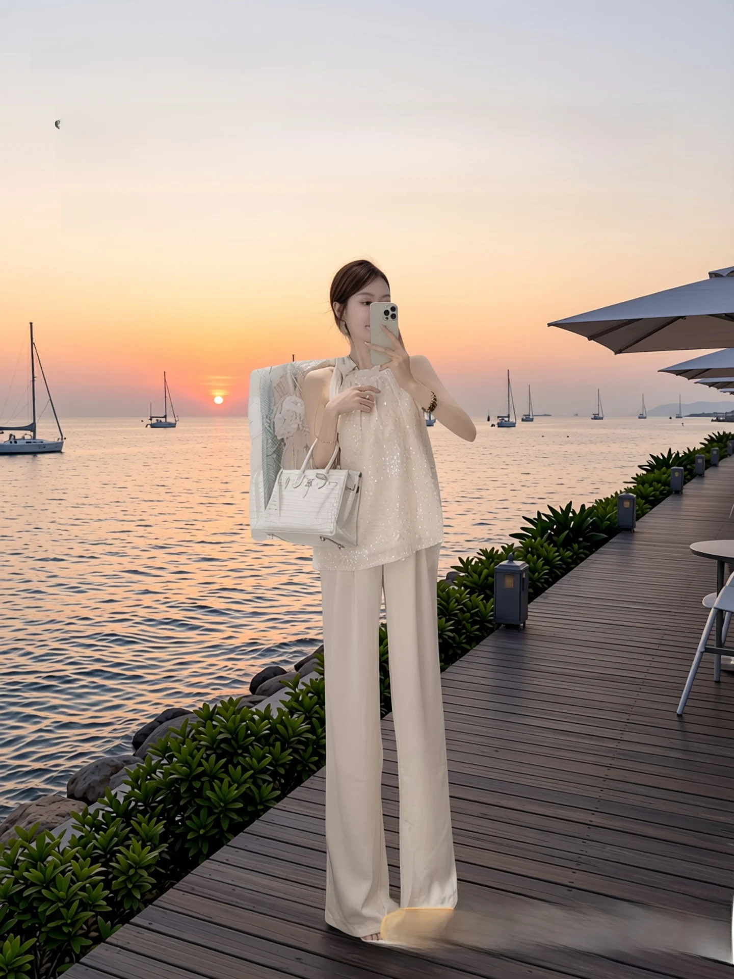 

Unique Fashionable High-End Luxury Set for Rich Girls Beautiful Ladies Elegant Polyester Fiber Long Sleeve Nine Points Pants
