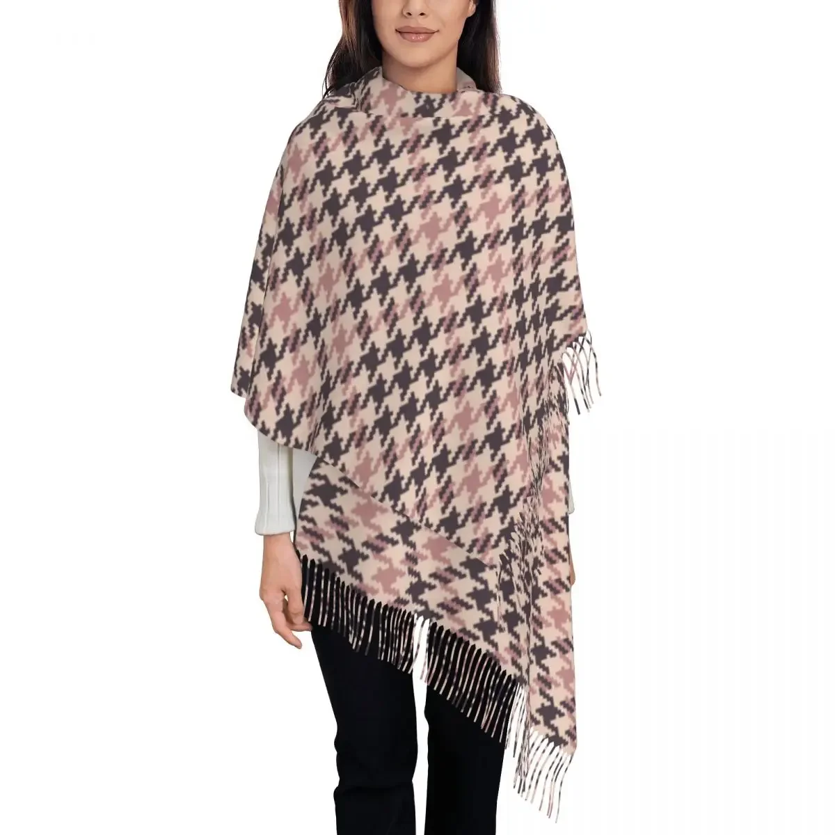 Abstract Pattern Scarf Houndstooth Print Keep Warm Shawl Wraps with Long Tassel Unisex Casual Scarves Wraps Autumn Foulard