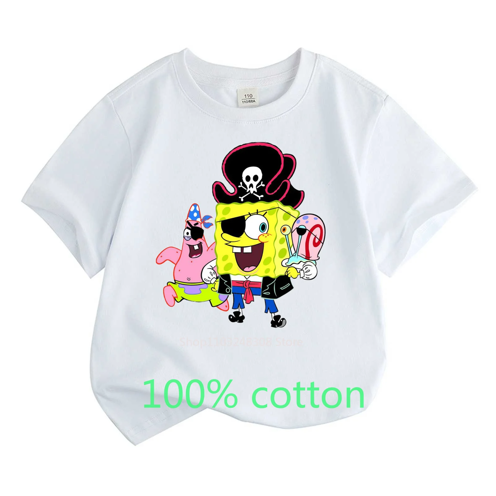 Spongebob Pirates 100%Cotton T-shirt Summer Children Clothes Kids Boys Girls Tops Cartoon Toddler Round Neck Short-sleeved Shirt