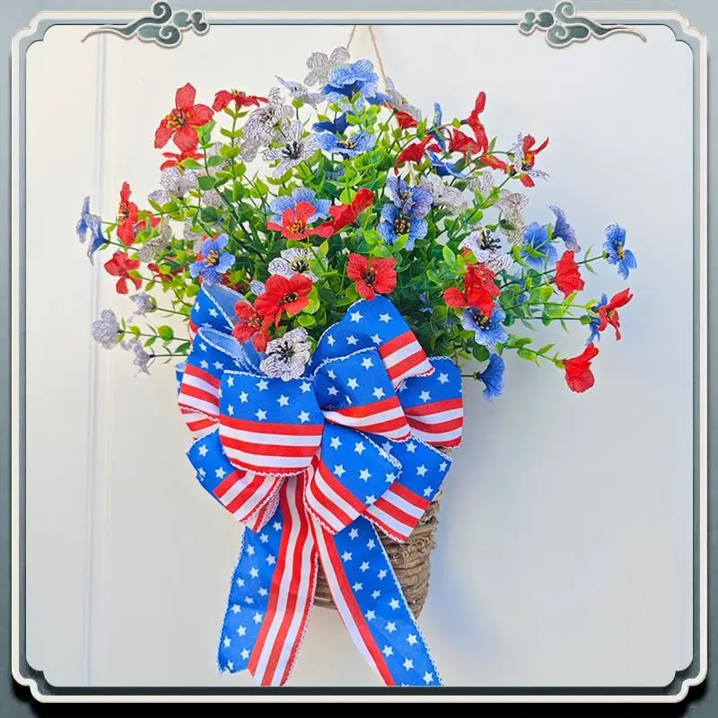 Decoración duradera de cesta de flores del día patriótico para el día de la independencia de la puerta delantera 4 de julio para interior exterior rojo blanco azul Dur