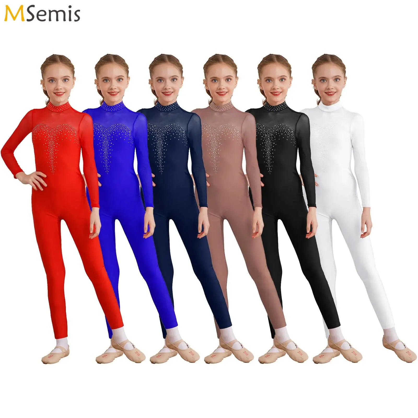 Kids Girls Figure Skating Unitard Shiny Rhinestone Jumpsuit Sheer Mesh Long Sleeve Bodysuit Gymnastics Dance Performance Costume