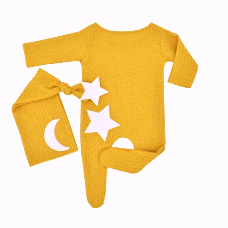 Newborn Baby 0 1 2 3 Months Photography Clothes Star Moon Decorative Knitted Jumpsuit Long Tail Hat Two-piece Suit Footed Romper