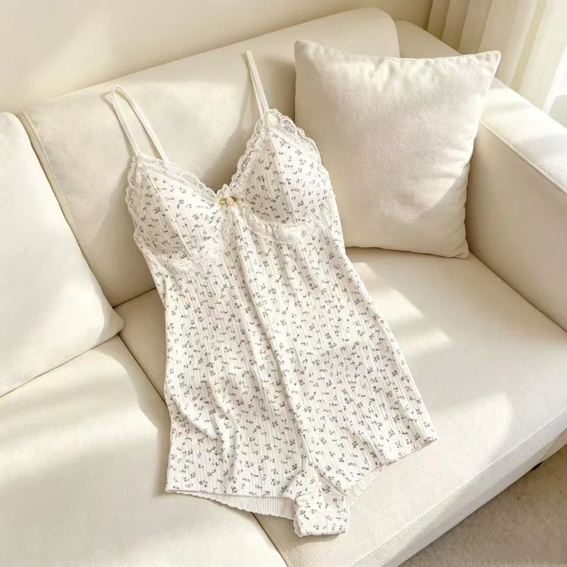 Sweet Girl Japanese Retro Floral Lace Suspender Shorts Pajama Set Age-reducing Loungewear Sexy Halter Dress Summer New Underwear