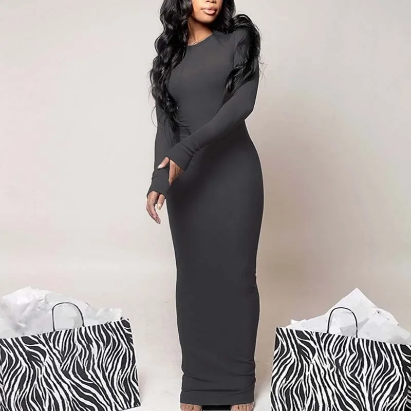 

Black 2024 Sexy Slim Lady Autumn Boydcon Winter Outwear Fashion Women Midi Dress Long Sleeve Casual Hotpink Party Clubwear