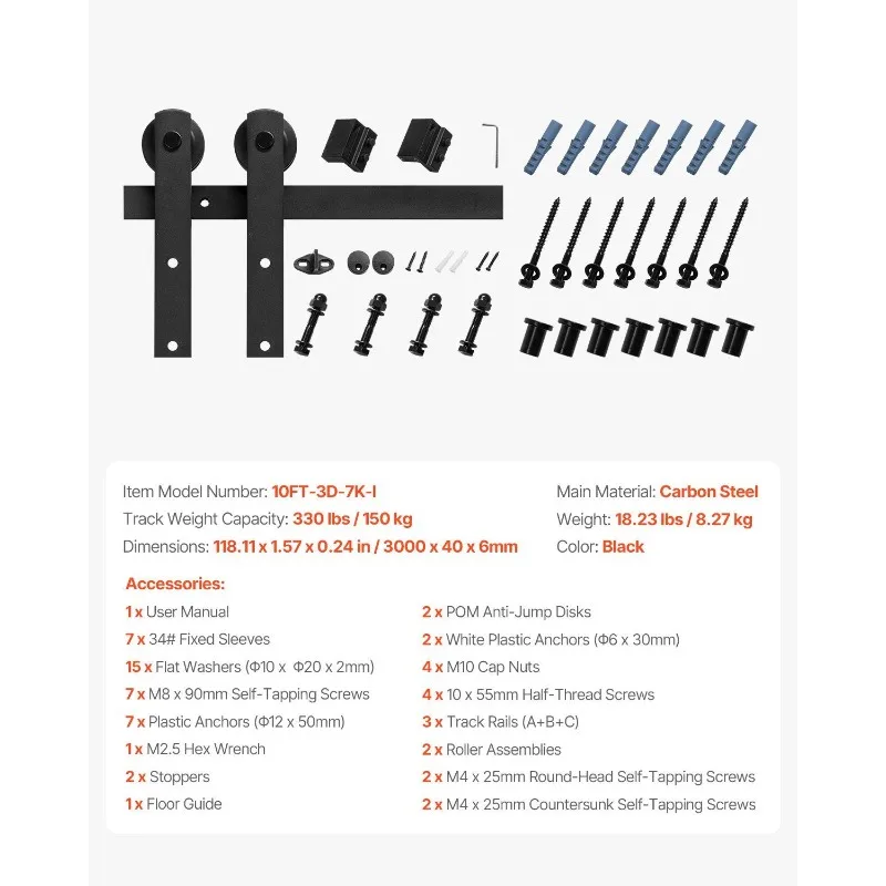 10FT Sliding Barn Door Hardware Kit for Single Sliding Barn Door I-shape