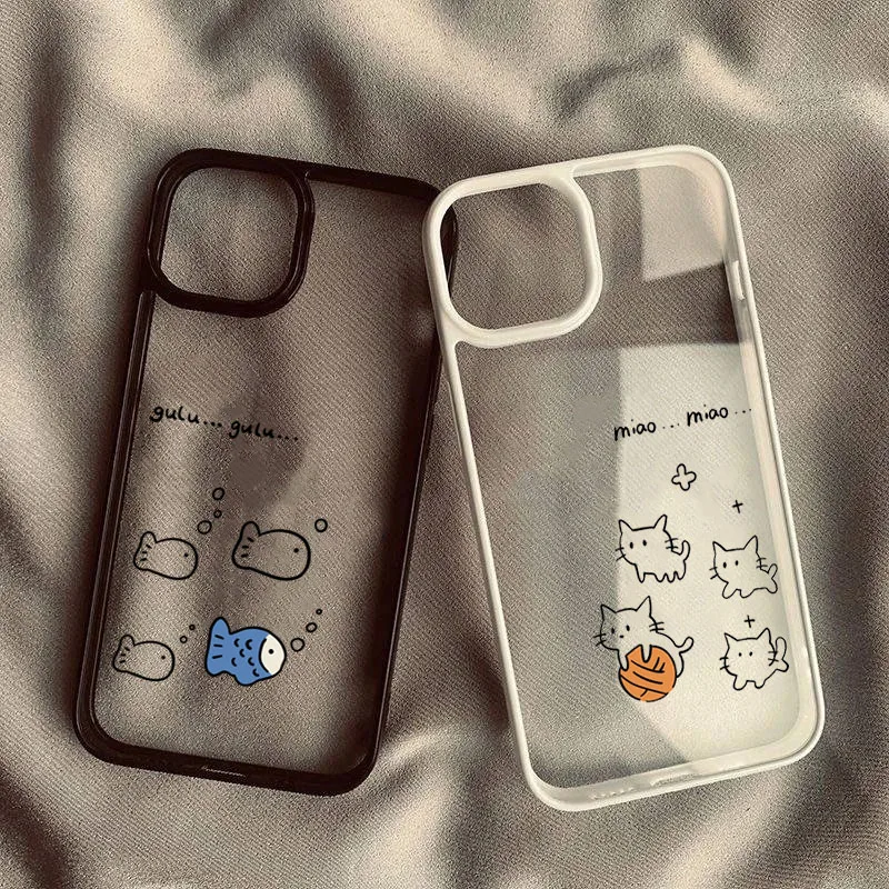 Coque de téléphone transparente pour Couple, mignon poisson chat, amoureux, pour iPhone 17Air 11 12 13 14 15 16 17 Pro Max 16E 12 13 Mini, housse Anti-chute