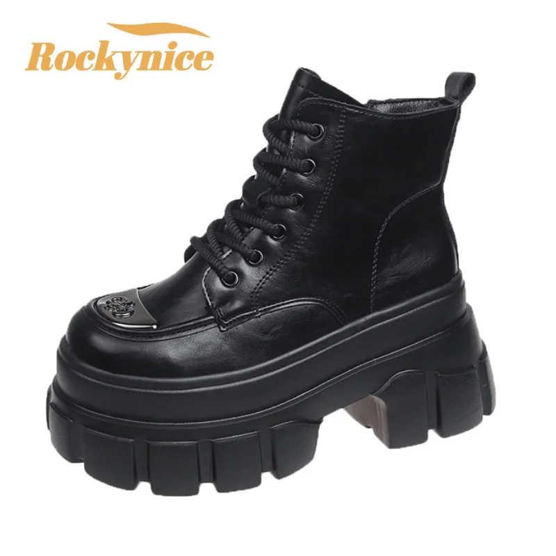 

Women Leather Ankle Boots New 2024 Autumn Winter Plush Warm Chunky Booties 9CM Wedge Heels Motorcycles Boots Zip Black Fur Shoes