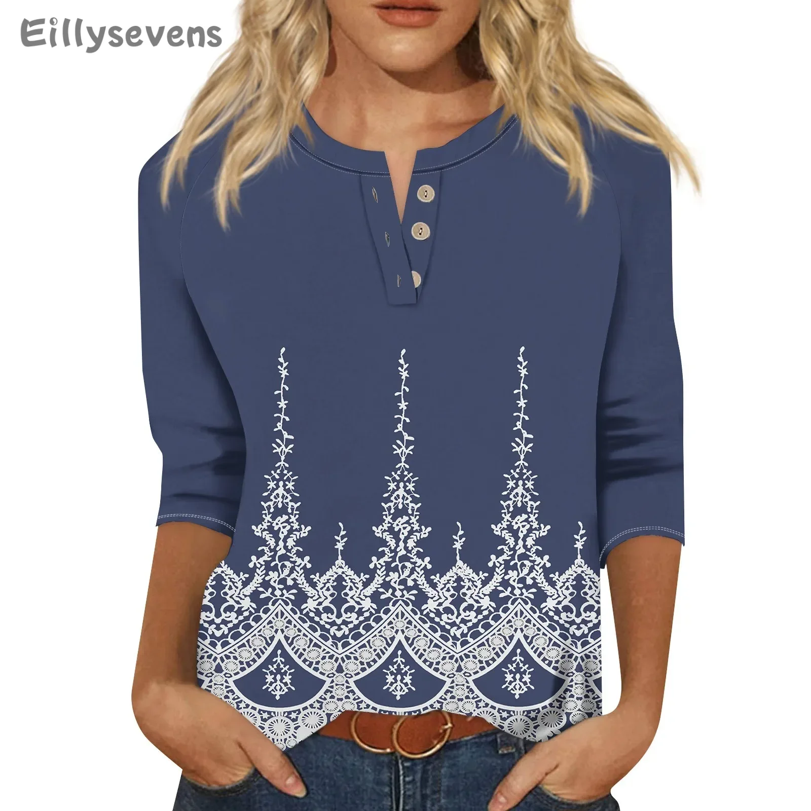 

Women's Spring and autumn all-match pullover Fashion T-Shirt Casual Printed V-Neck Button Up Seven Quarter Sleeve Top Clothing