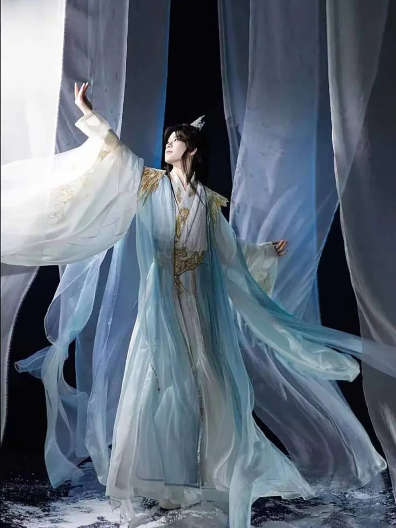 2026 New Chinese Style Hanfu for Men, Light Blue Fairy Prince Cosplay Outfit, Women`s Ancient Robe for Photoshoot & Party