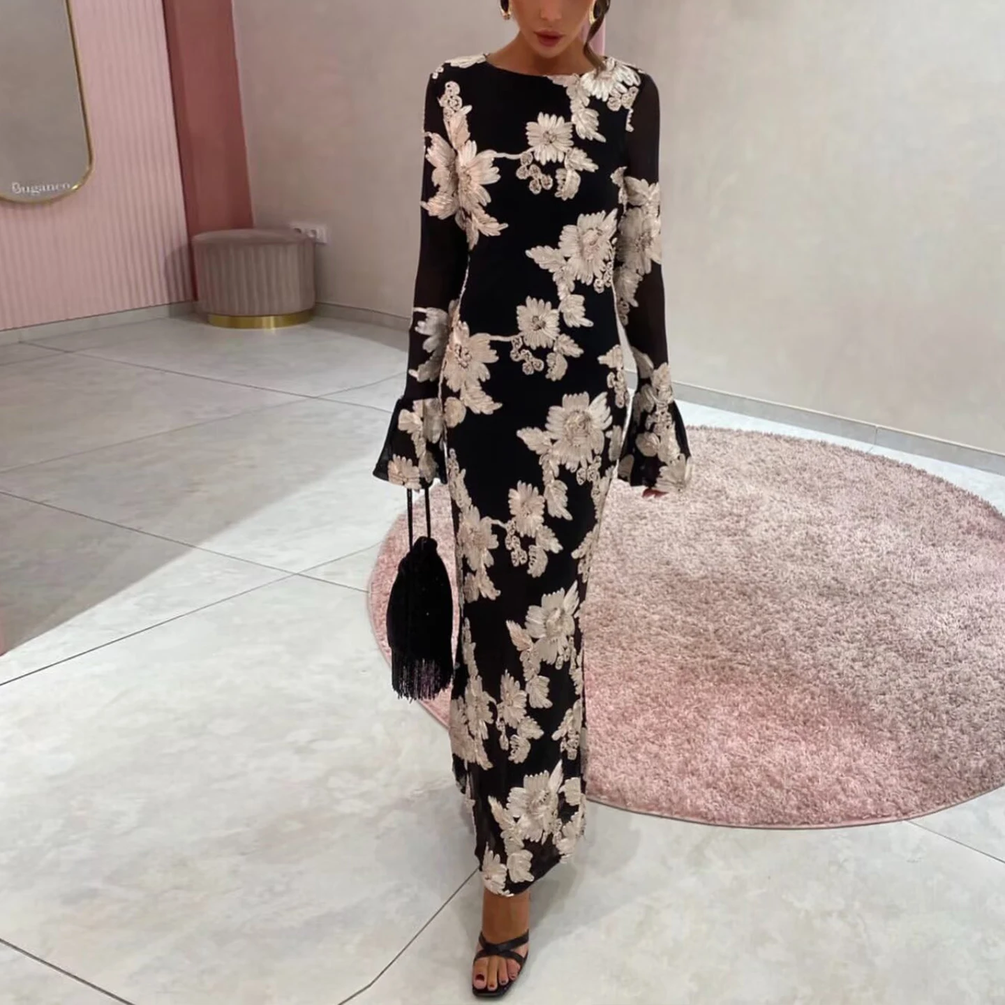 Ele Tee-Color Bell Sve Bodycon Dr Z Women's Faion Sle Slim Fit Wrap around Midriff Gown โพลีเอสเตอร์ไฟเบอร์