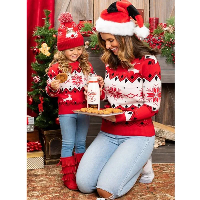 2024 Winter Christmas Family outfit New long sleeve sweater Christmas Cross Border children's Ladies Christmas red sweater 2-6 Y