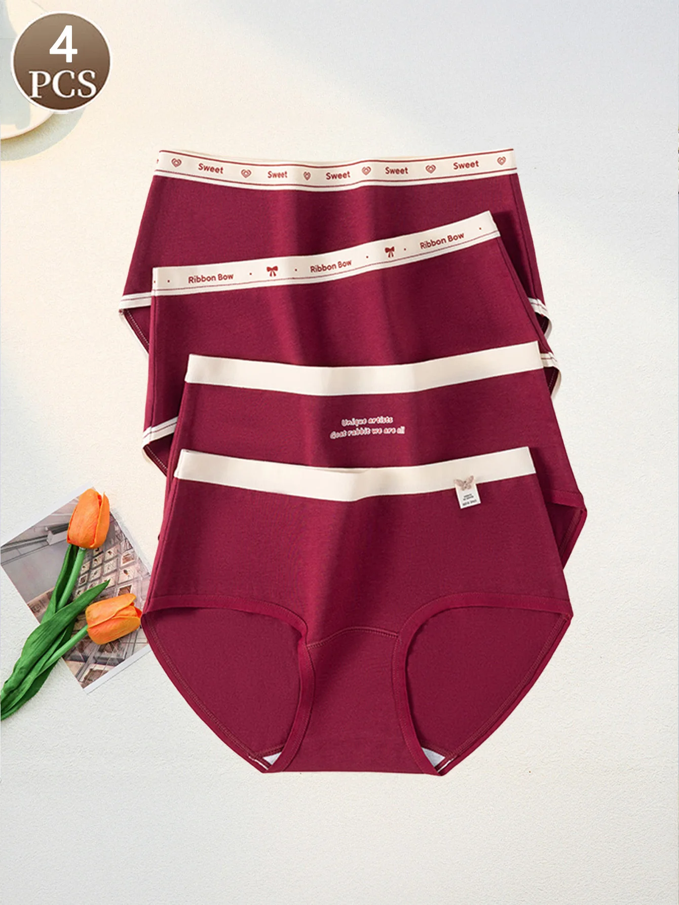4PCS Damenhöschen rot reine Baumwolle Mädchenunterwäsche mittlere Taille Brief lässig Sport weiche und bequeme Damen-Slips