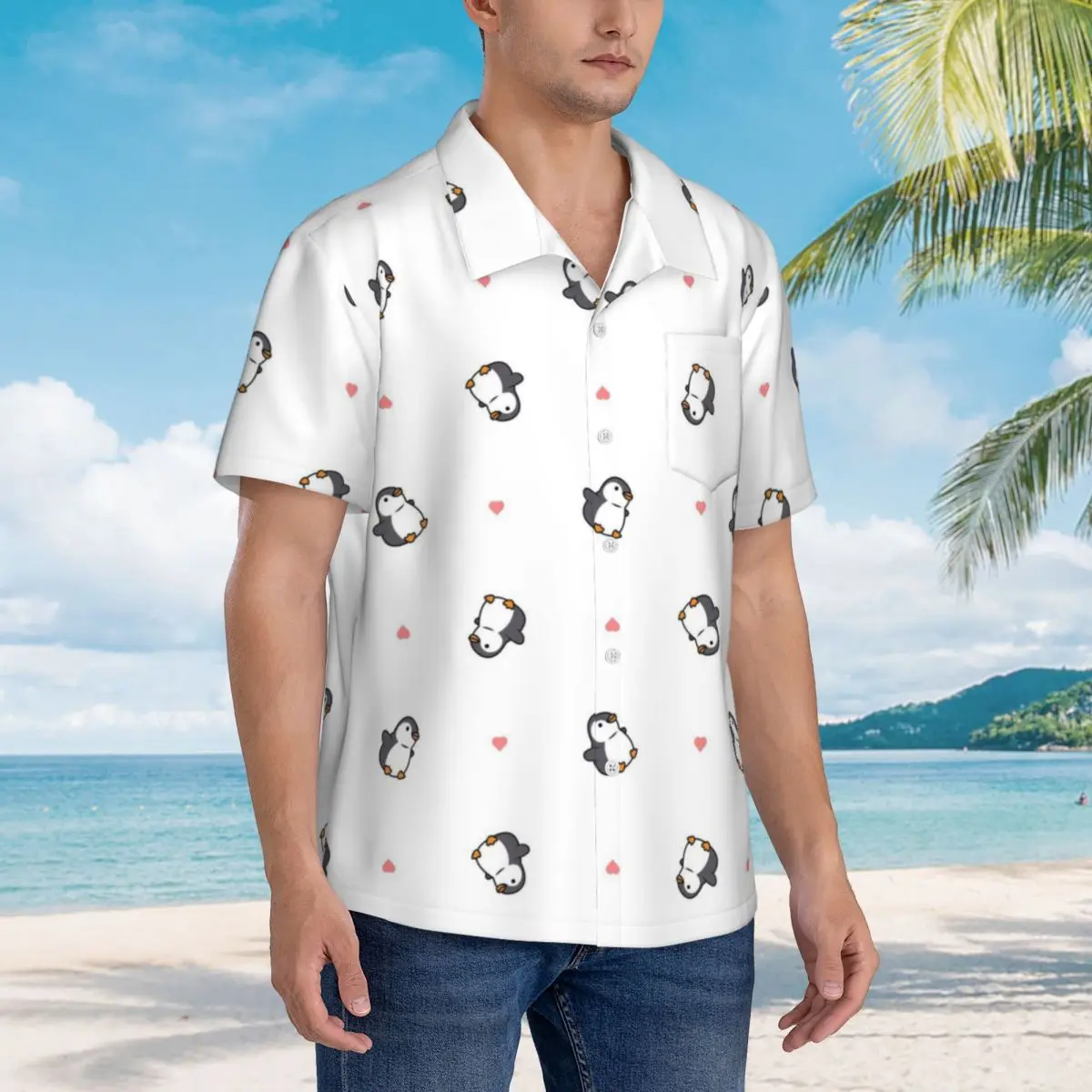 

Cute Penguin Hawaiian Shirts Fashion Men Short Sleeve Shirt for Summer Beach Men's Button Tops
