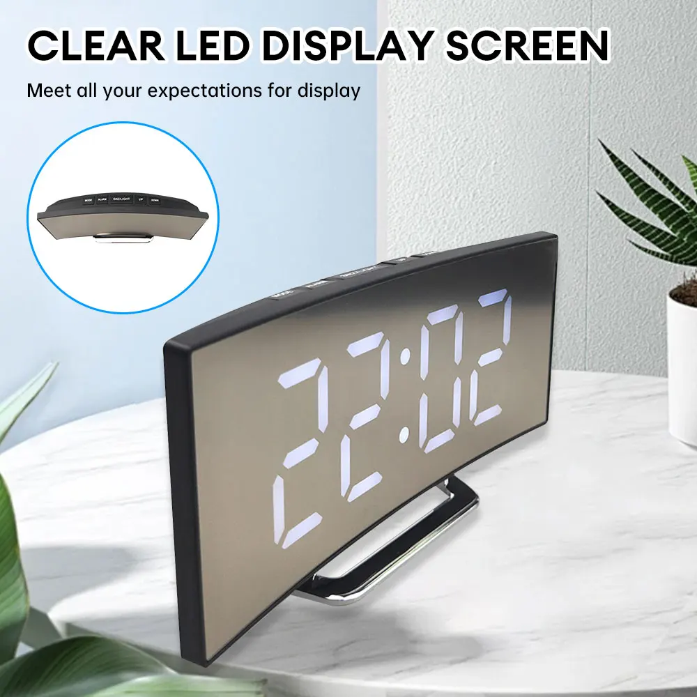 Reloj despertador Digital LED con pantalla curva grande, reloj de espejo con pantalla de temperatura de fecha, reloj de mesa electrónico, reloj de cabecera USB