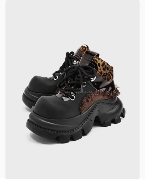 

2025 Leopard Genuine Leather Y2K Chunky Heel Casual Shoes Round Toe Platform All-Match Lady Sneakers Size RockPunk Style Shoes