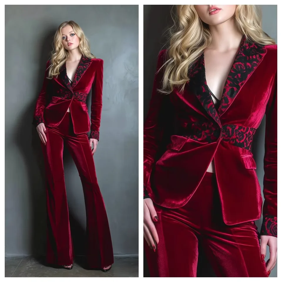 Elegant Velvet Women's Blazer 2-Piece Set  Lace Trim Detail V-Neck Belted Waist Flared Pants for Formal Party Event Customized image 4