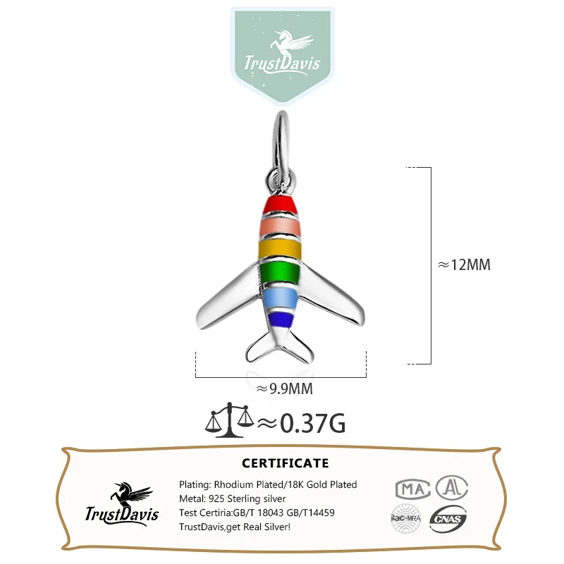 TrustDavis Real 925 Sterling Silver Fashion Color Drip Glue Aircraft Charm Pendant Handmade DIY Accessories Fine Jewelry DZ212
