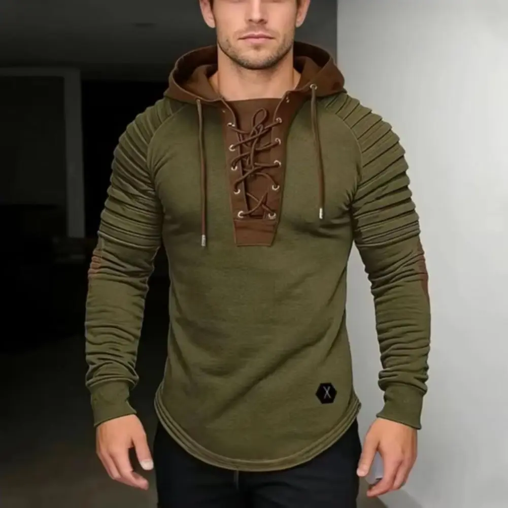 Men Hoodie Men's Hooded Sweatshirt Pullover Lace-up Patchwork Design Top Long Sleeve Casual Sportswear for School Streetwear