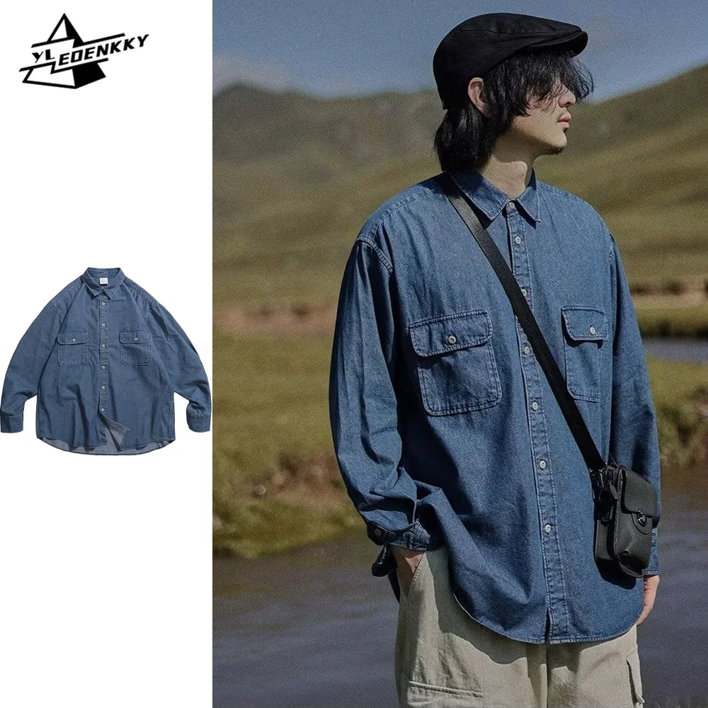 Vintage Denim Shirt Men Women Multi-pocket Cargo Long-sleeved Jacket Solid Color Casual Loose Cowboy Coat Spring Couples Unisex